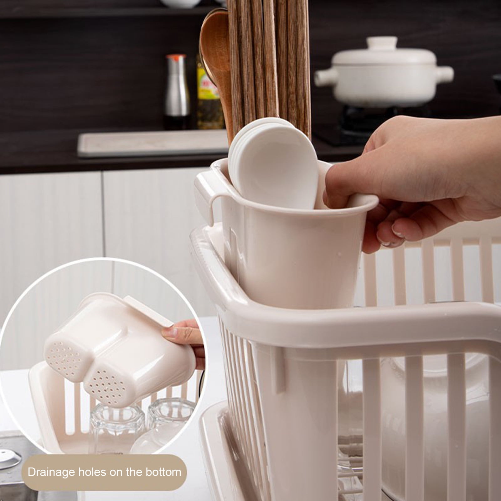 Clearance! Large Dish Drying Rack, Space Saving Dish Rack for Kitchen Counter, Plastic Dish Rack with Cutlery Holder and Dish Drainer Beige