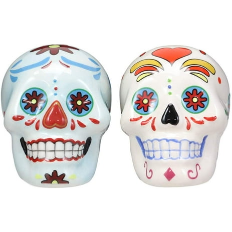 Ebros Colorful Day Of The Dead Blue And White Sugar Skulls Salt And Pepper Shakers Set Ceramic Holder Kitchen Decor As Ossuary Skull Skeleton Dias De Los Muertos Calacas Prop Decorative