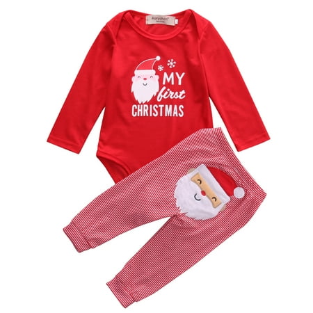Newborn Baby Boys Girls My First Christmas Bodysuit and Plaid Pants Leggings Christmas Outfits Set