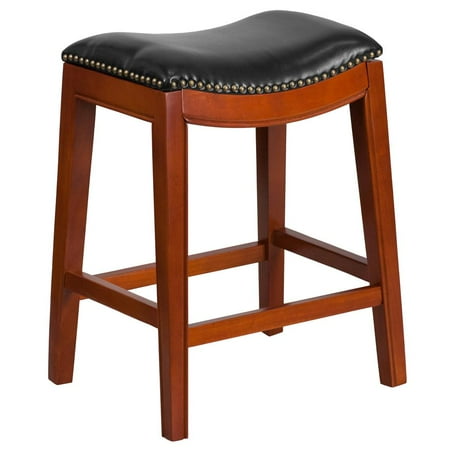Medium Cherry Seat - 26'' High Backless Light Cherry Wood Counter Height Stool with Black Leather Saddle Seat