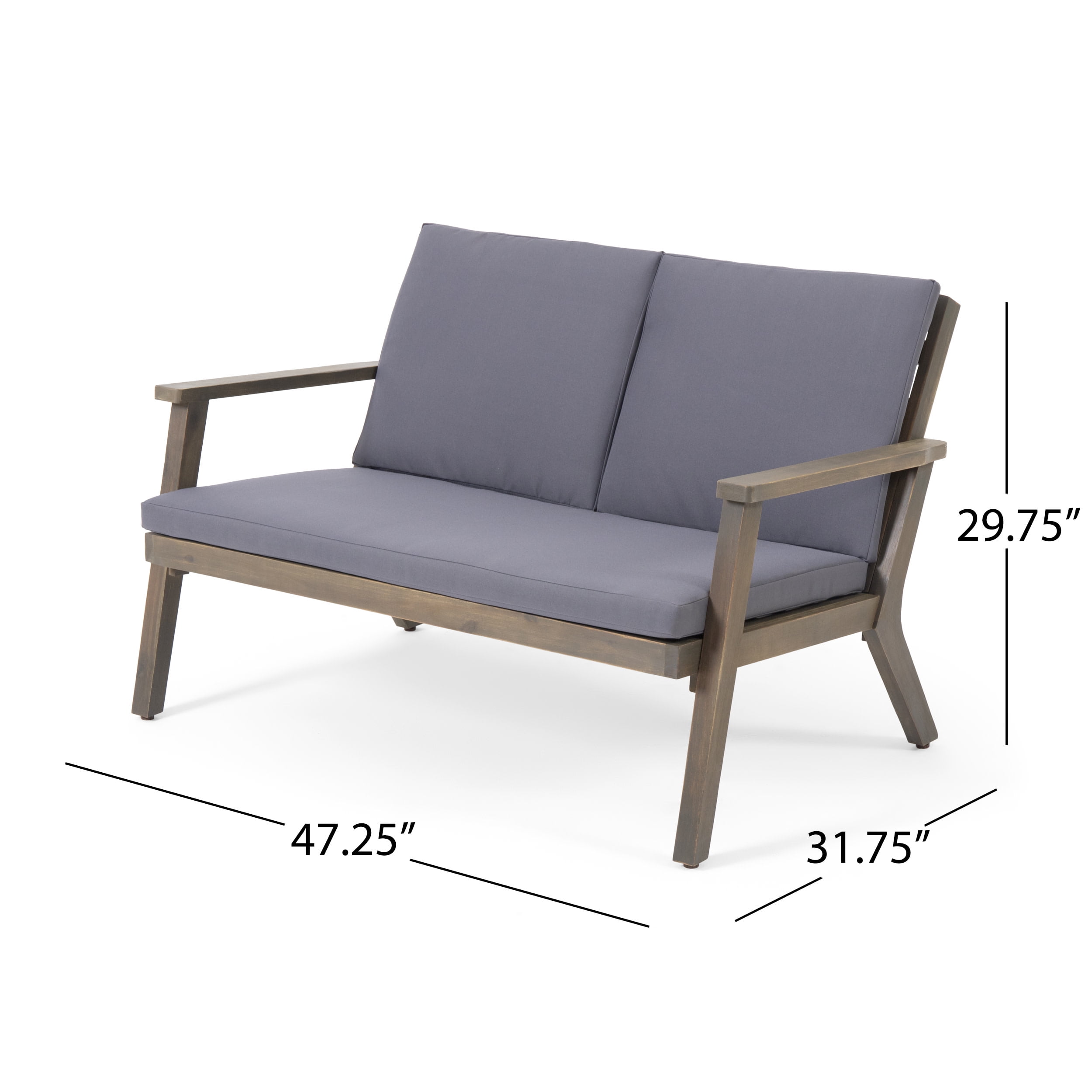 Sasha Acacia Wood Outdoor Loveseat and Coffee Table Set with Cushions, Gray, Dark Gray