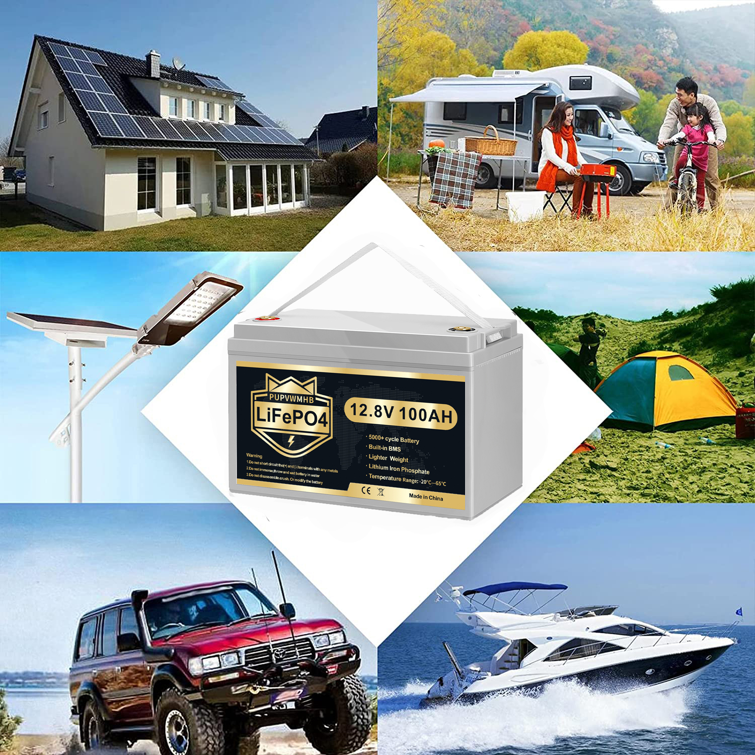 PUPVWMHB 12V 100Ah Bluetooth LiFePO4 Lithium Battery, 100A BMS,Low Temperature Protection with Up to 8000 Cycles, Max. 1280Wh Energy LiFePO4 Battery, Perfect for RV, Solar, Trolling Motor