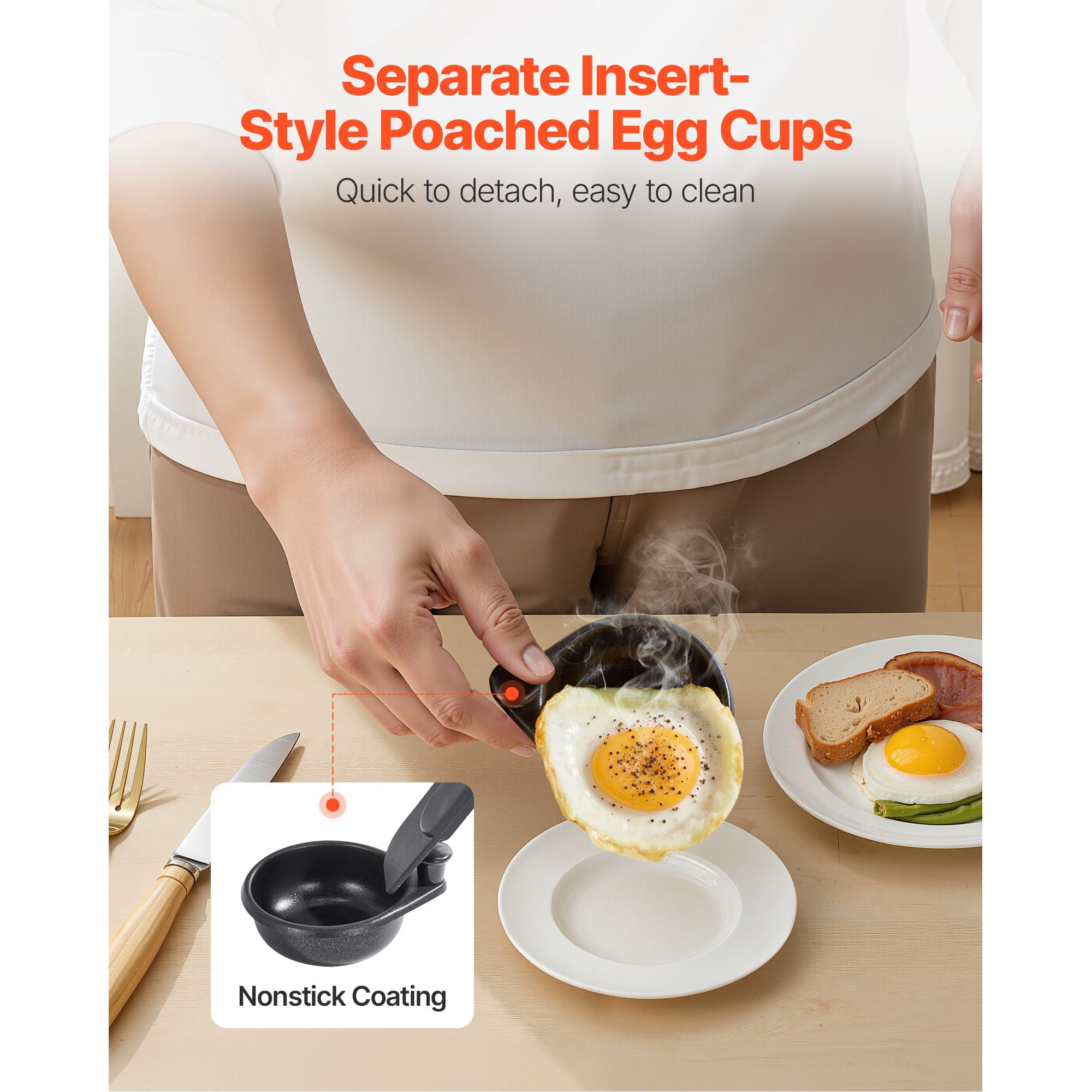 Egg Poacher Pan, 4-Cup Nonstick with 60ml Cups, Stainless Steel Base, Tempered Glass Lid, Compatible with Gas Electric Induction, Multi-Functional as 8" Skillet