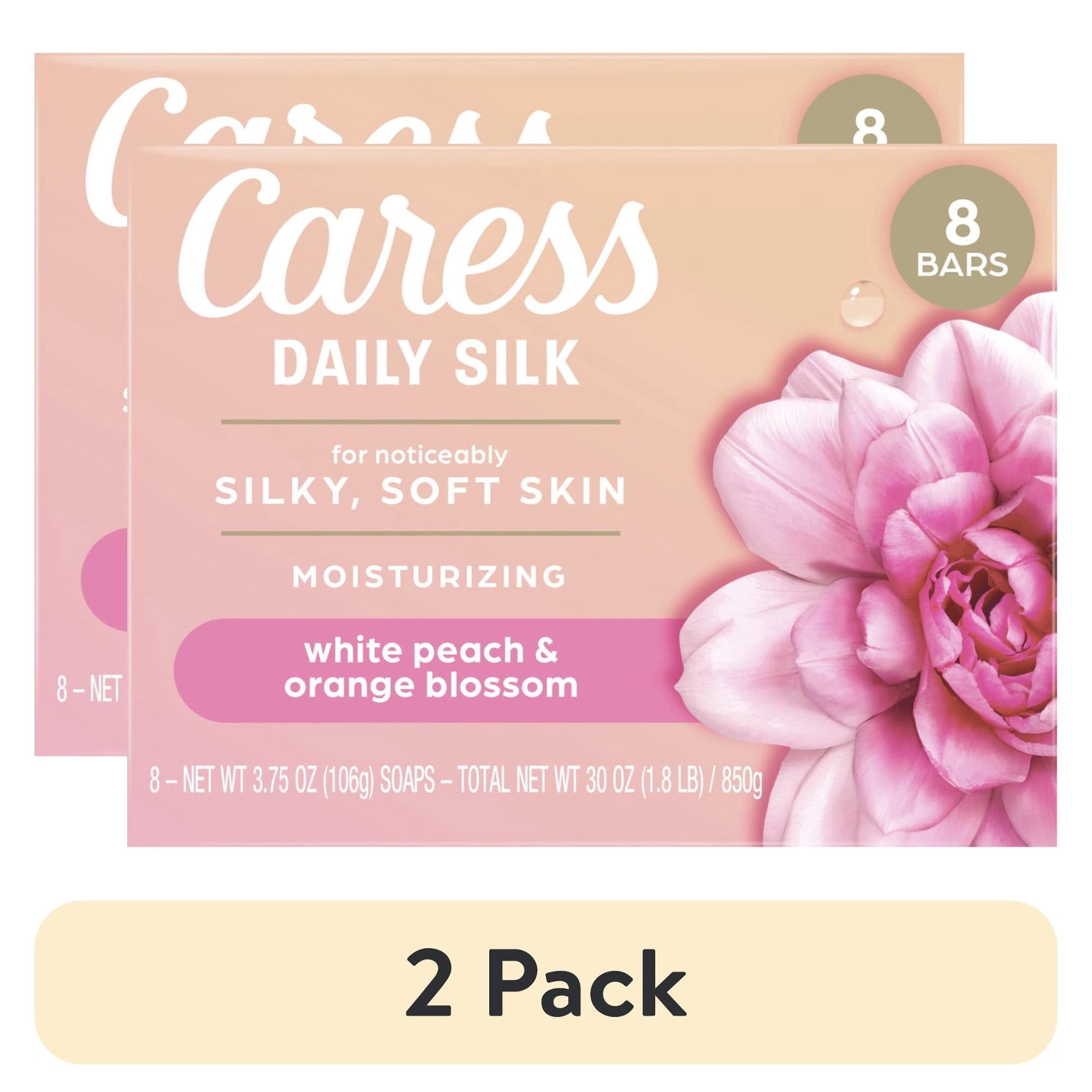 (2 pack) Caress Bar Soap for Women, Daily Silk White Peach & Orange Blossom for All Skin, 3.75 oz 8 Body Bath Bars