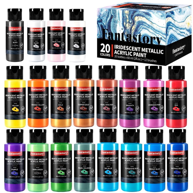 Fantastory Acrylic Paint Set, 20 Metallic Colors with 12 Brushes photo 1