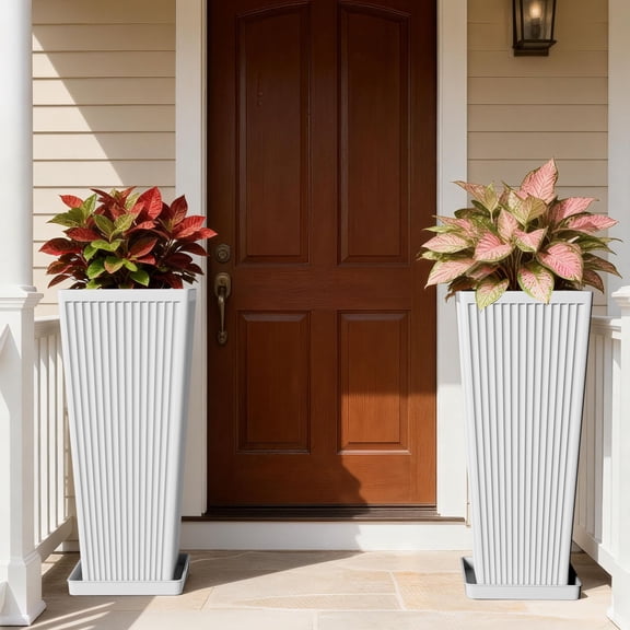 ENNSOO 23.6 Inch Square Plant Pots 2 Pack Tall Large Planter with Drainage Holes for Porch Patio Yard Outdoor White