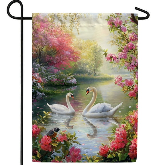America Forever Spring Swan Garden Paradise Flag, 12.5 x 18 inch Double Sided, White Swans Pink Flowers, Lake Pond, Romantic Flag