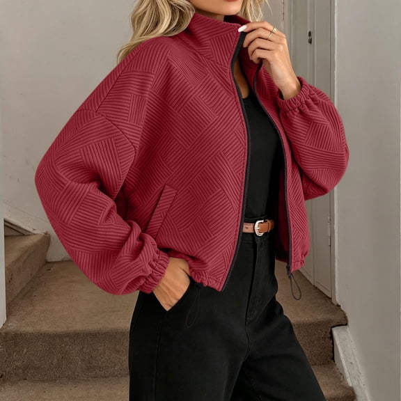 Kadlawus Women Fall Winter Collared Long Sleeve Zip Up High Neck Blazer Crop Coat Casual Solid Warm Everyday Office Commute Travel Jacket, Red 2XL