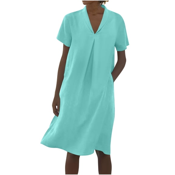 cocolona Womens Summer Casual Shirts Dress Fashion Solid Color V Neck Short Sleeve Midi Dress Vacation Beach Sun Dress with Pocket