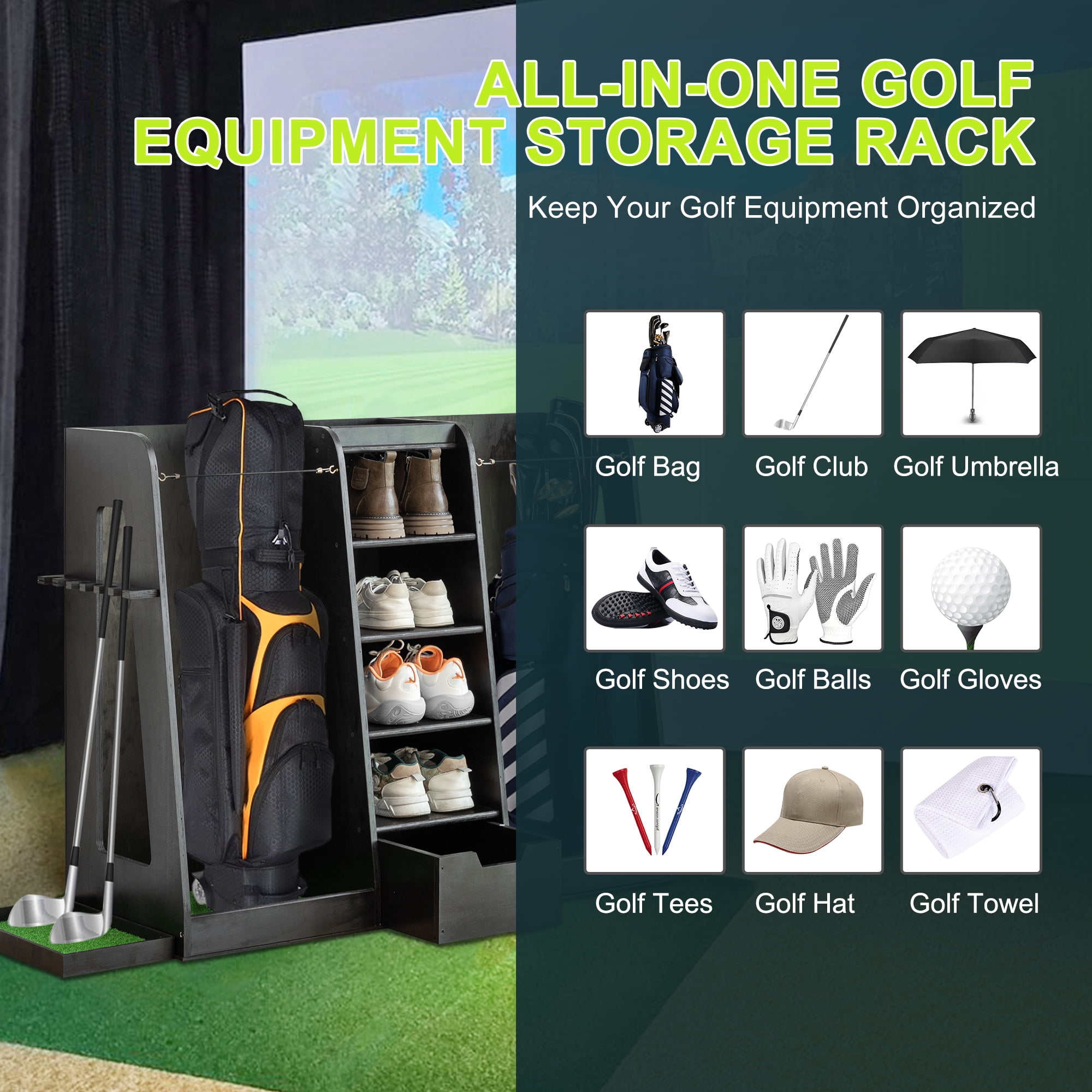 Wooden Golf Storage Rack Golf Bag Organizer with Drawers can hold 2 golf bags, 12 clubs, 4-5 pairs of golf shoes, over 50 golf balls, Versatile for Golf and Sports Equipment