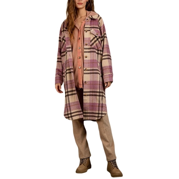 Sedceaty Women's Long Shacket Jacket, Plaid Print Long Sleeve Lapel Button Down Casual Coat Autumn Winter Outerwear