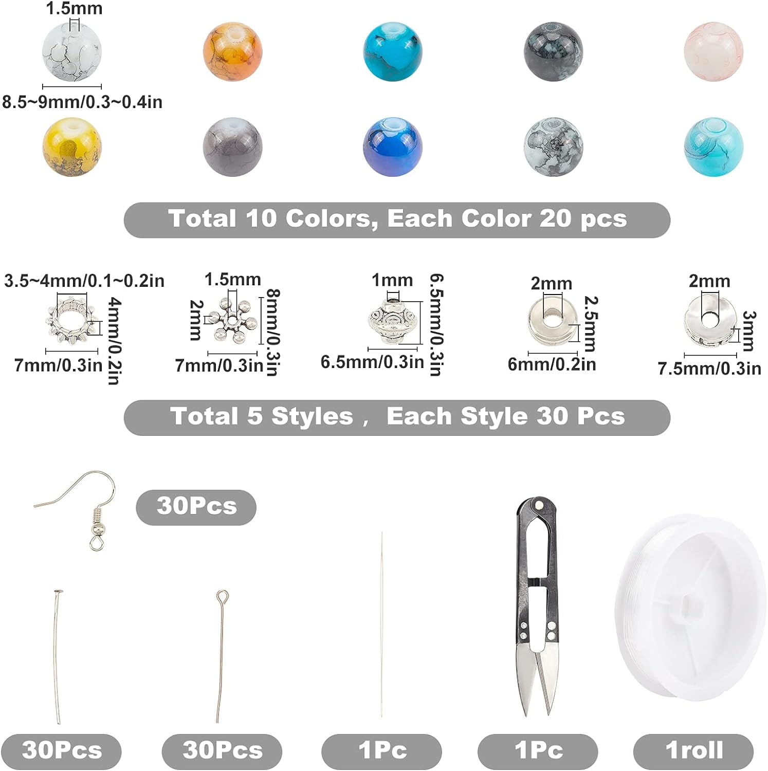 1 Box 200Pcs 10 Colors 8mm Glass Beads Jewellery Making Kit 150Pcs Alloy Loose Spacer Bead with Beading Needle Earring Hooks Elastic Thread Steel Scissors for DIY Jewelry Making Multi-color
