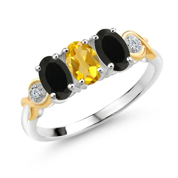 Gem Stone King 1.27 Ct Oval Yellow Citrine Black Onyx 925 Silver and 10K Yellow Gold G-H Lab Grown Diamond Women Ring (Size 8)