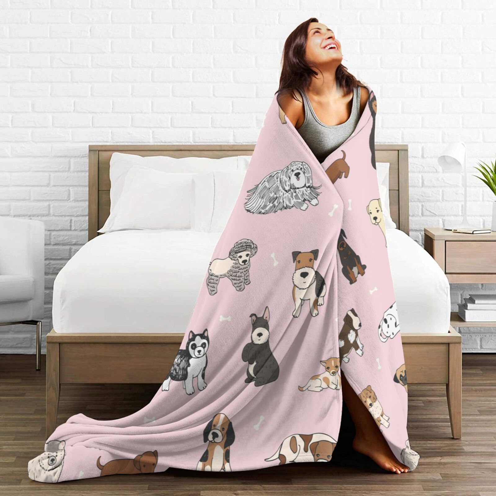 Wijzvio Cute Dogs Pink Throw Blanket Soft Fuzzy Fleece Blanket For Couch Bed Living Room Decoration 60"X50"