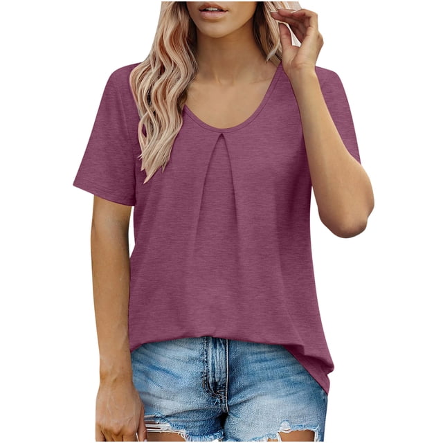 AherBiu Hauts d'Été pour Femmes Col Rond Froncé Décontracté Manches Courtes T-Shirts Blouse