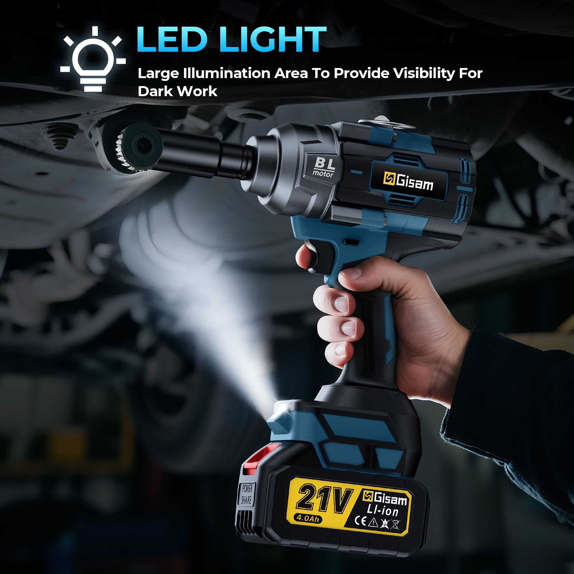 Gisam Cordless Impact Wrench,21V Brushless Impact Wrench 1/2 Inch,2 × 4.0Ah Impact Drill Tool Set Power Impact Driver With 4-Mode Speed, LED Work Light