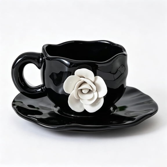 Cute Ceramic Coffee Cups with Saucer with Unique Fancy Tea Cups for 11 Oz, Black White