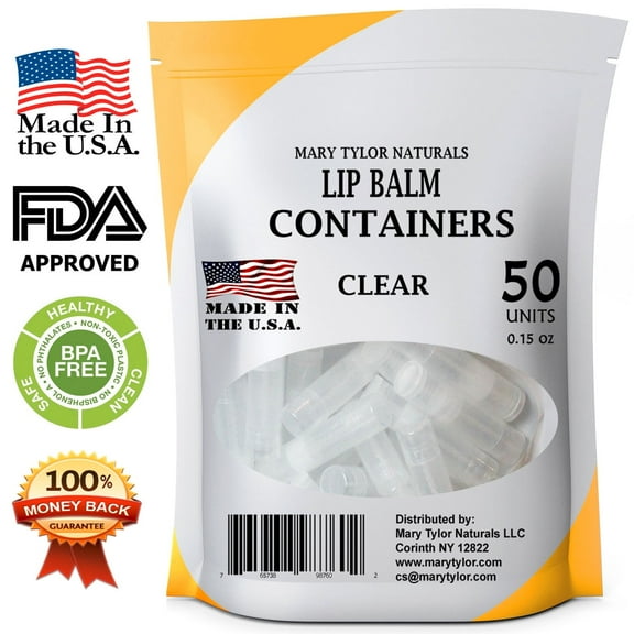 Lip Balm Containers, 50 Clear Round Tubes, Made in USA,, FDA Approved, 100% BPA Free, with Clear Caps by Mary Tylor Naturals, for DIY Lipstick, homemade Lip Balm (50, Clear)
