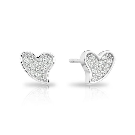 Tilo Jewelry Sterling Silver Curved Heart Stud Earrings with Cubic Zirconia CZ Stones | Love Earrings | Women & Unisex