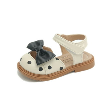 

UKAP Girls Sandals Closed Toe Flat Sandal Summer Princess Shoes Lightweight Cutout Flats Shoe Kids Bowknot Round Beige 5.5C