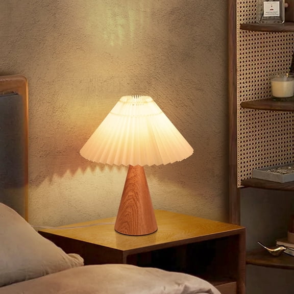 Wood Grain Small Table Lamp, Cute Table Lamp, Pleated Table Lamp, Wooden Bedroom Lamps for Nightstand, Small Scalloped Lamp Shade Table Lamps for Small Spaces for Bedroom,Living Room