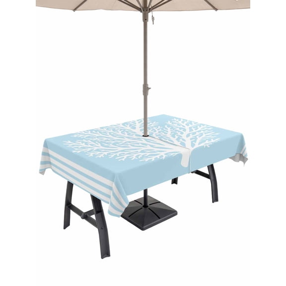 54x80 Inch Outdoor Tablecloth with Umbrella Hole Zipper Rectangle Blue Coral Coastal Rectangular Tablecloths Outside Waterproof Nautical Seaside Farmhouse Striped Patio Table Cloth Cover for Picnic