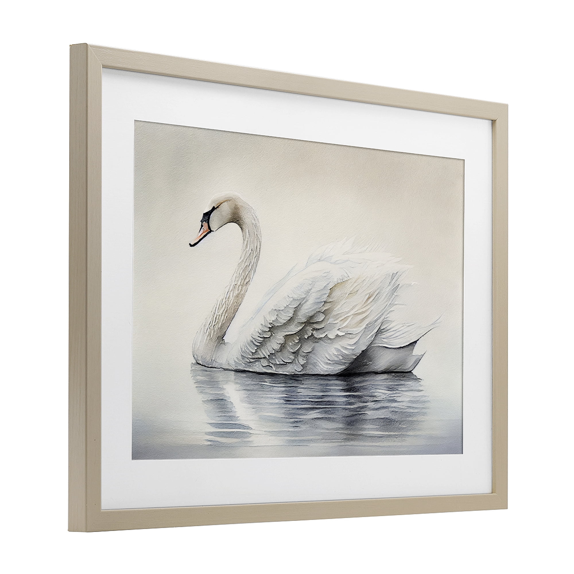 Elegant Floating Swan Birch Framed Print Under Glass, design by Sasha
