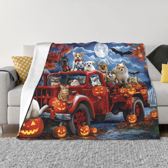 Vsdgher Halloween Pets Pumpkins Pattern Fleece Throw Blanket, Horizontal Fleece Bedding Home Decor for Couch & Bed All Season Use -50"x40"