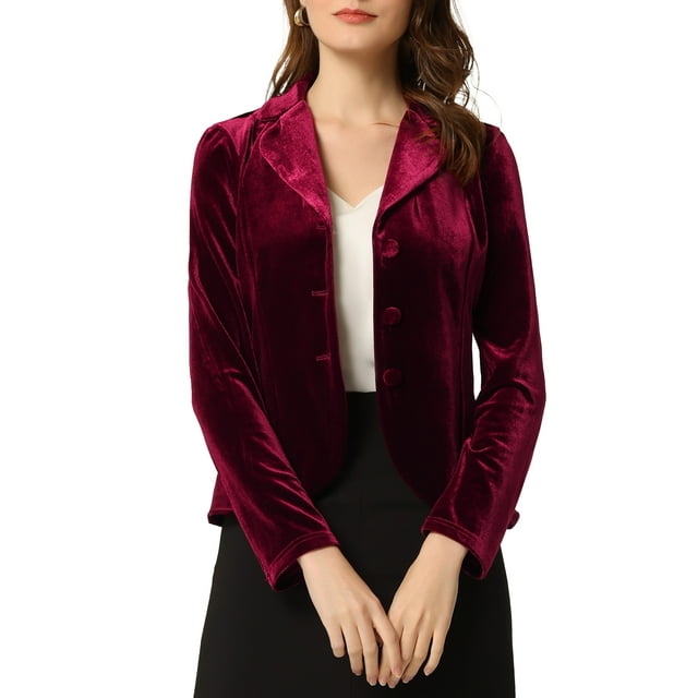 INSPIRE CHIC Women's Notched Lapel Long Sleeve Button Velvet Blazer L Burgundy