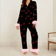 thumbnail image 2 of WCJM Women Satin Pajamas Heart Print Button Long Sleeve Shirt with Matching Pants Set Black S Long Sleeve Pajama Sets, 2 of 5