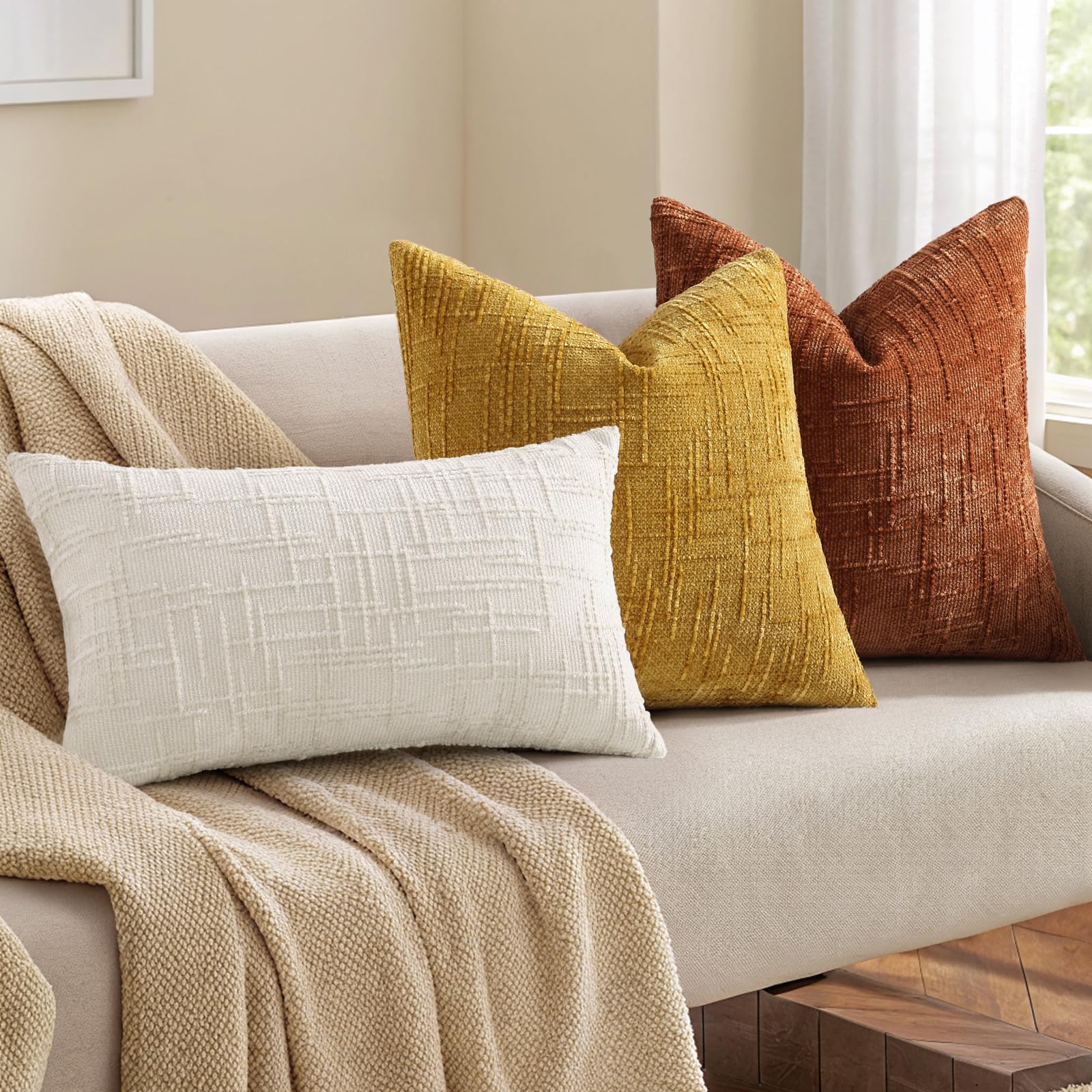 HAPPINESS Chenille Throw Pillow Covers 22x22 Set of 2 Thick Textured Slubby Couch Pillow Covers Farmhouse Accent Modern Neutral Decorative Pillow Cases for Bed Sofa Living Room