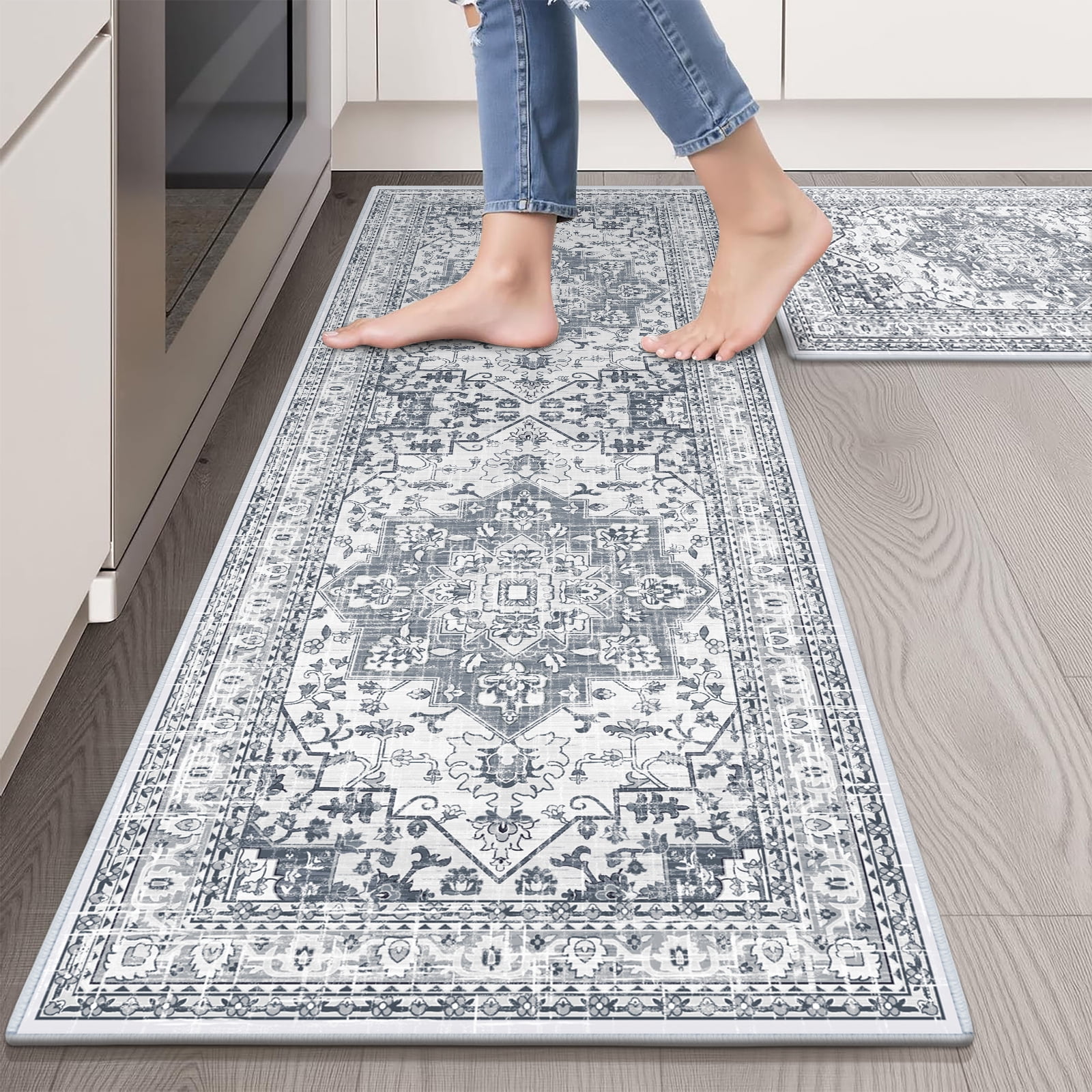 Findosom 3pcs Kitchen Rugs Set,Washable Boho Farmhouse Kitchen Mats for Floor,Non Slip Kitchen Floor Mat Carpet Runner Rugs for Entryway Hallway Laundry Home Decor 20"x32"+20"x47"+20"x59" Gray