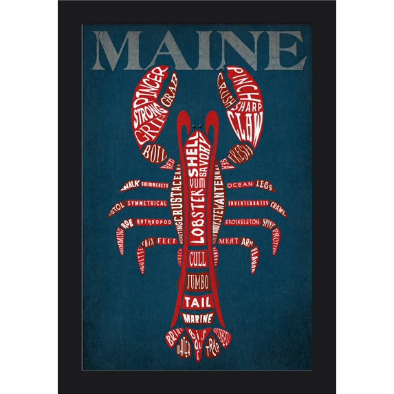 Maine - Red Lobster - Typography - Lantern Press Artwork (12x18 Giclee Art Print, Gallery Framed, Black Wood)