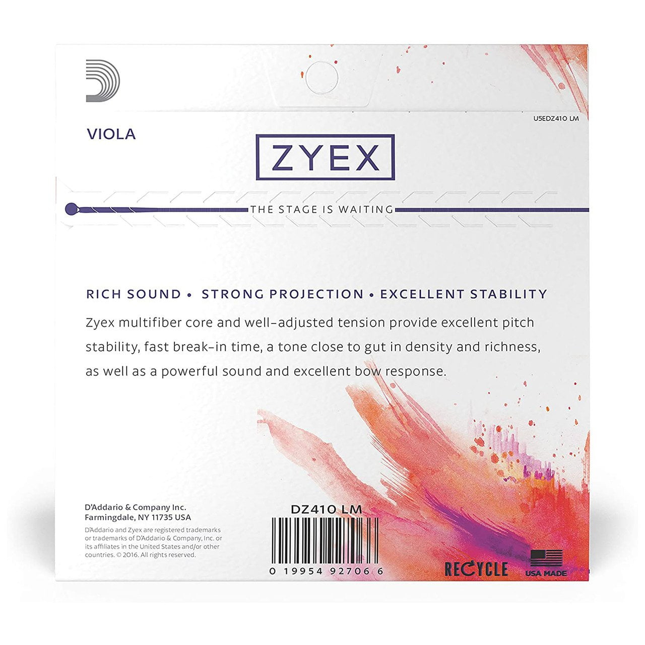 D'Addario Zyex Viola String Set, Long Scale, Medium Tension