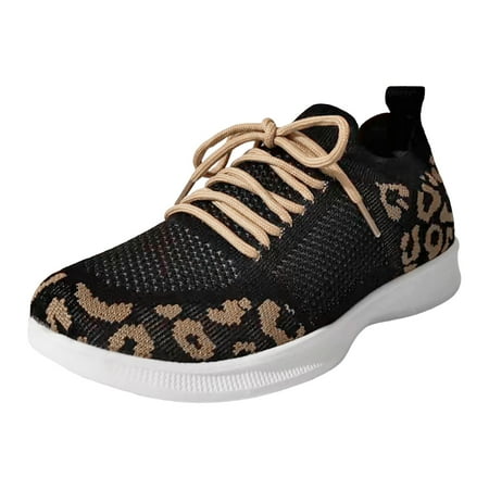 

ZIZOCWA Summer Breathable Mesh Casual Shoes for Women Leopard Printed Lace Up Soft Sole Walking Shoes Wide Width Sneakers Lightweight Black Size39