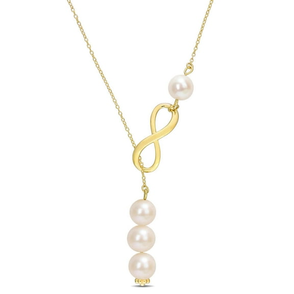AMOUR 8-9mm Cultured Freshwater Pearl Infinity Lariat Necklace In Yellow Plated Sterling Silver
