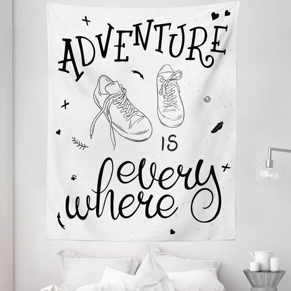 Adventure Tapestry, Design Youth Theme with Pair of Sneakers Walking Hiking Wanderlust, Fabric Wall Hanging Decor for Bedroom Living Room Dorm, 5 Sizes, Black White, by Ambesonne