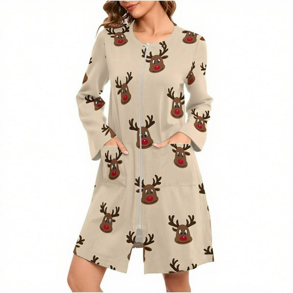 Rohuuque Nightgowns for Women Christmas Dual Velvet Loungewear Casual Loose Long-sleeved Pajamas Bathrobes Nightgowns Multicolor C