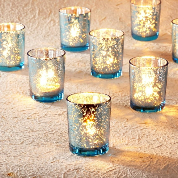Fzchyzoar 12 Pcs Blue Votive Candle Holders, Mercury Glass Candle Holder, Tealight Candle Holders for Table Centerpieces, Baby Shower, Party, Anniversary, Wedding, Home Decor, Hall