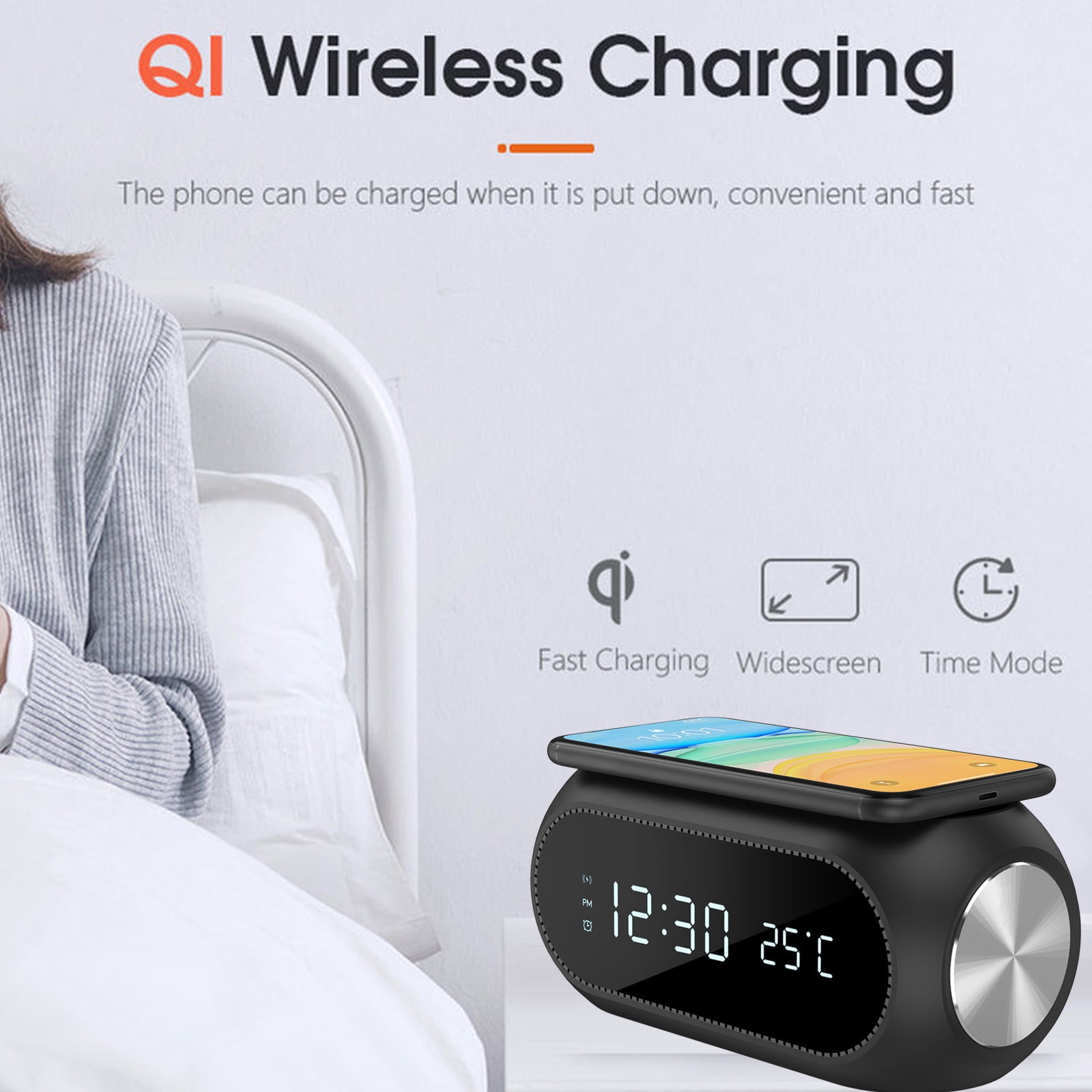 Wireless Charger Alarm Clock 15W Fast Charging LED Digital Display ABS Type-C Time Temperature Display Smart Chip Overcurrent Overheat Protection iOS Android Desktop