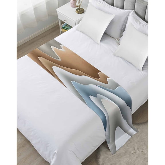 Bed Runner Scarf Cal King Size, Blue Brown Moire Stain Bed Runners & Scarves for Foot of Beds, Ombre Contemporary Geometric Decorative Bedding Runner Scarf for Hotel Home Bedroom