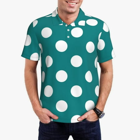 Logiee Teal And White Polka Dot Print Mens Polo Shirts Mens Golf Polo Shirts Short Sleeve Casual Polo Shirts for Men Summer Fashion Beach Shirts-Small