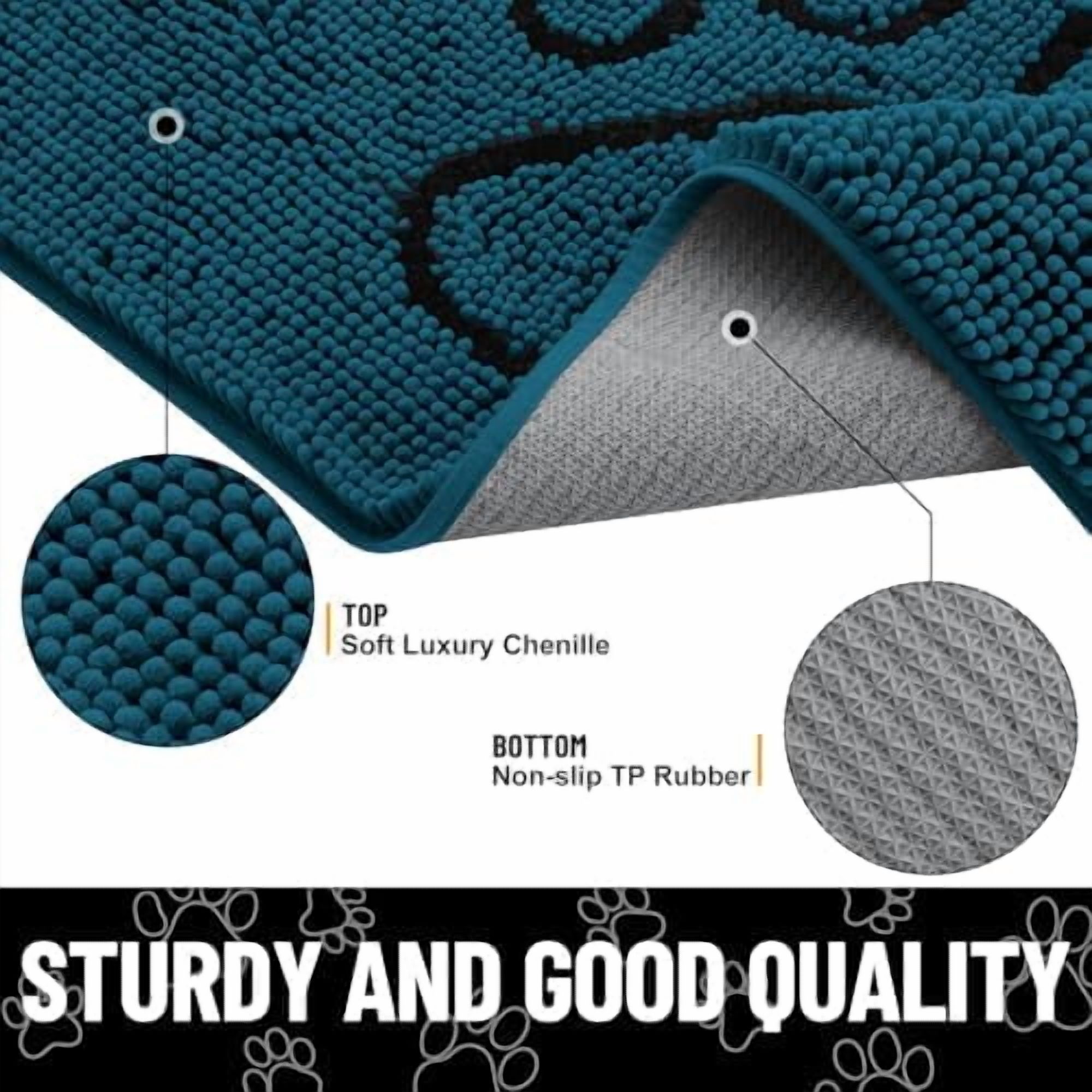 Dog Door Mat for Muddy Paws, Absorbent Dirt Trapper Non Slip Quick Dry Washable Chenille Mat for Mud Dogs, Entry Rug for Indoor and Outdoor (36x24 Inches, Atlantic Blue and Black)