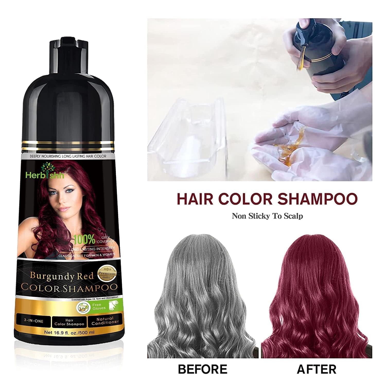 (4 pack) Herbishh Combo Pack - 2 Pc Hair Color Shampoo, Long Lasting Color, (500 ml, Burgundy) + 1 Pc Argan Hair Mask, Nourishes Dry & Frizzy Hair (150 ml)