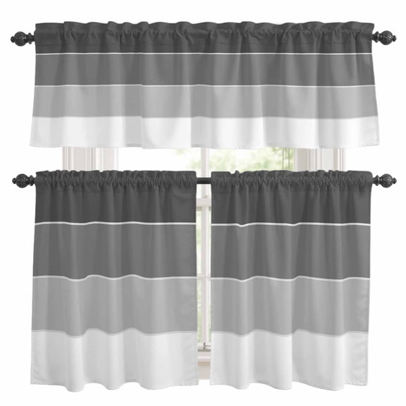 Black Grey Striped Kitchen Curtains Sets for Windows 36 Inch Length, Farmhouse Modern Rod Pocket Window Treatments Tier Curtains and Valances Set for Bedroom/Bathroom