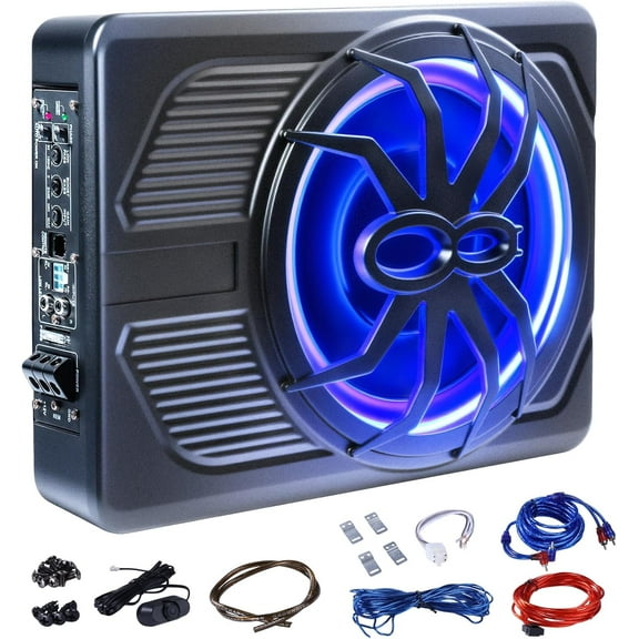 Andeman 1000W Car Subwoofer, 10'' Slim Under Seat Powered Car Subwoofer w/Built-in Amplifier & Hi/Lo Input, Bass Speaker Subwoofer with Blue LED Light, Individual Control, for Car/Truck/SUV/Jeep/MPV