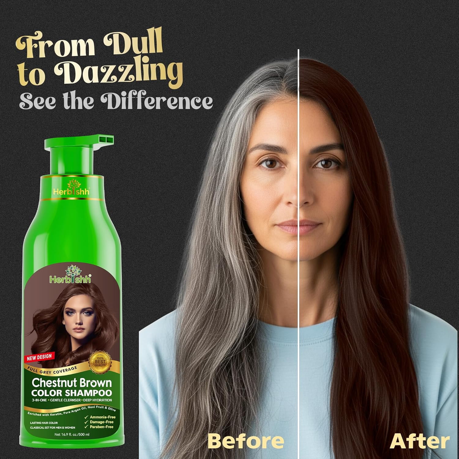 (4 pack) Herbishh Ultimate Hair Color Kit (2 Shampoos + 1 Argan Mask) for Grey Hair - Permanent, Long-Lasting, Easy to Apply for Men and Women (Chestnut Brown)