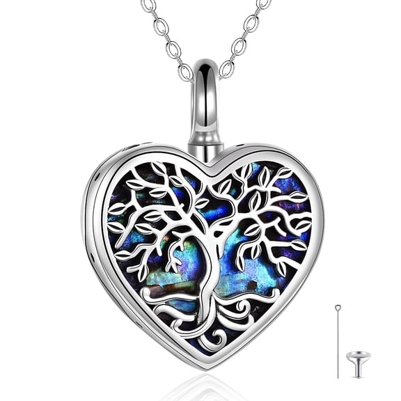 Cremation Urn Necklace for Ashes Sterling Silver Abalone Shell Tree of Life Necklace Heart Keepsake Memorial Ash Jewelry for Women Men