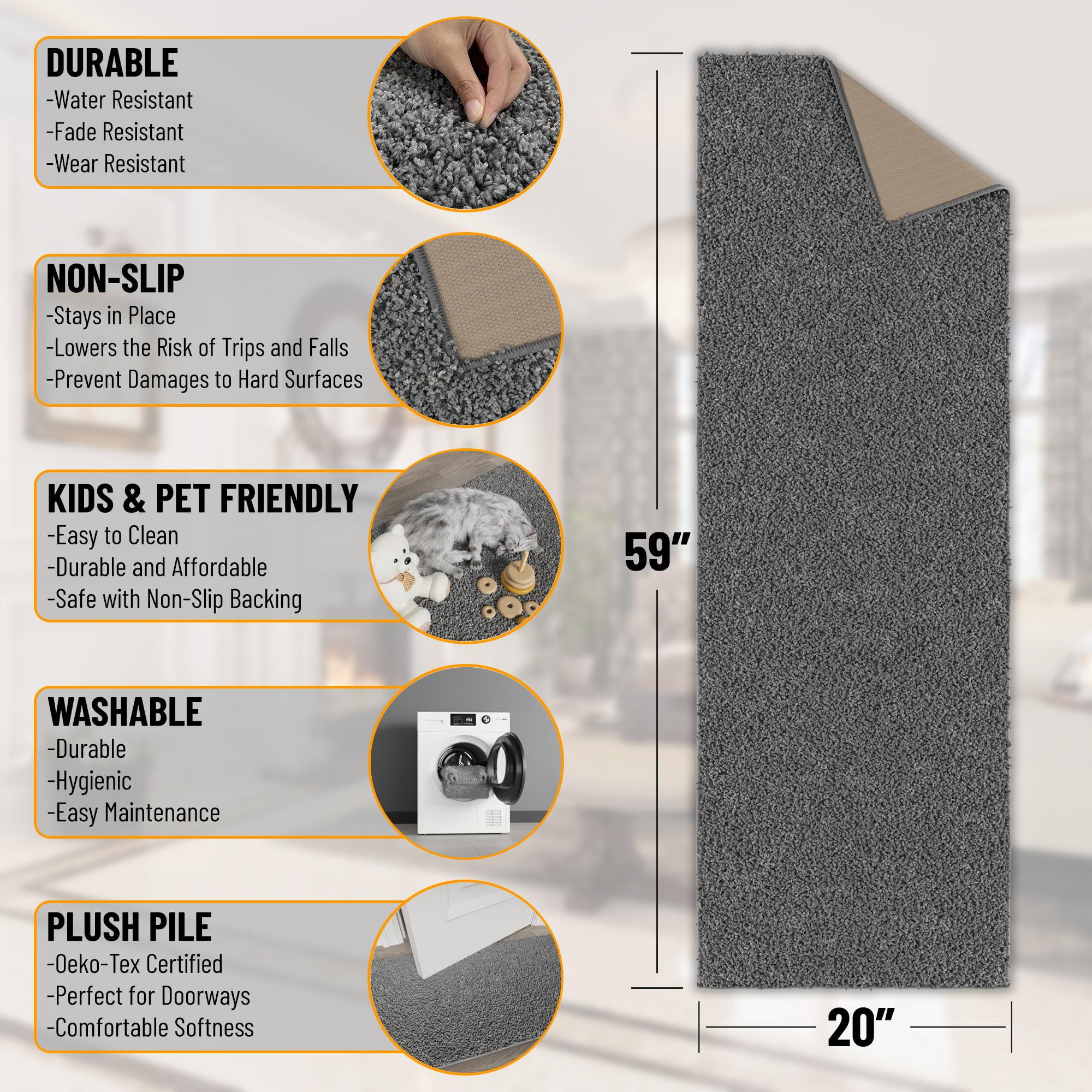 Ottomanson Deluxe Non-Slip Rubberback Solid 2x5 Soft Indoor Runner Rug, 20" x 59", Gray