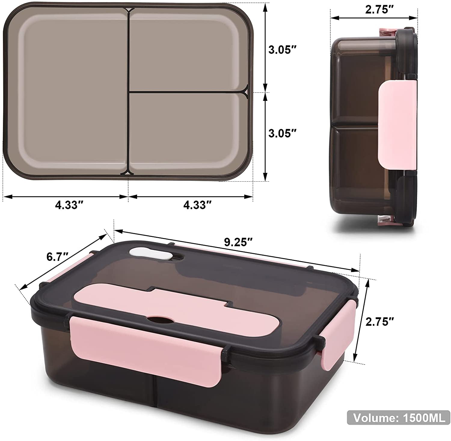 COCOBELA Portable Bento Lunch Box for Adults and Kids With 3  Compartment,1400ML Leak Proof Bento Lunch Box Kit Lunch Container Included  Reusable Insulated Lunch Bag, Soup Cup, Spoon & Fork 
